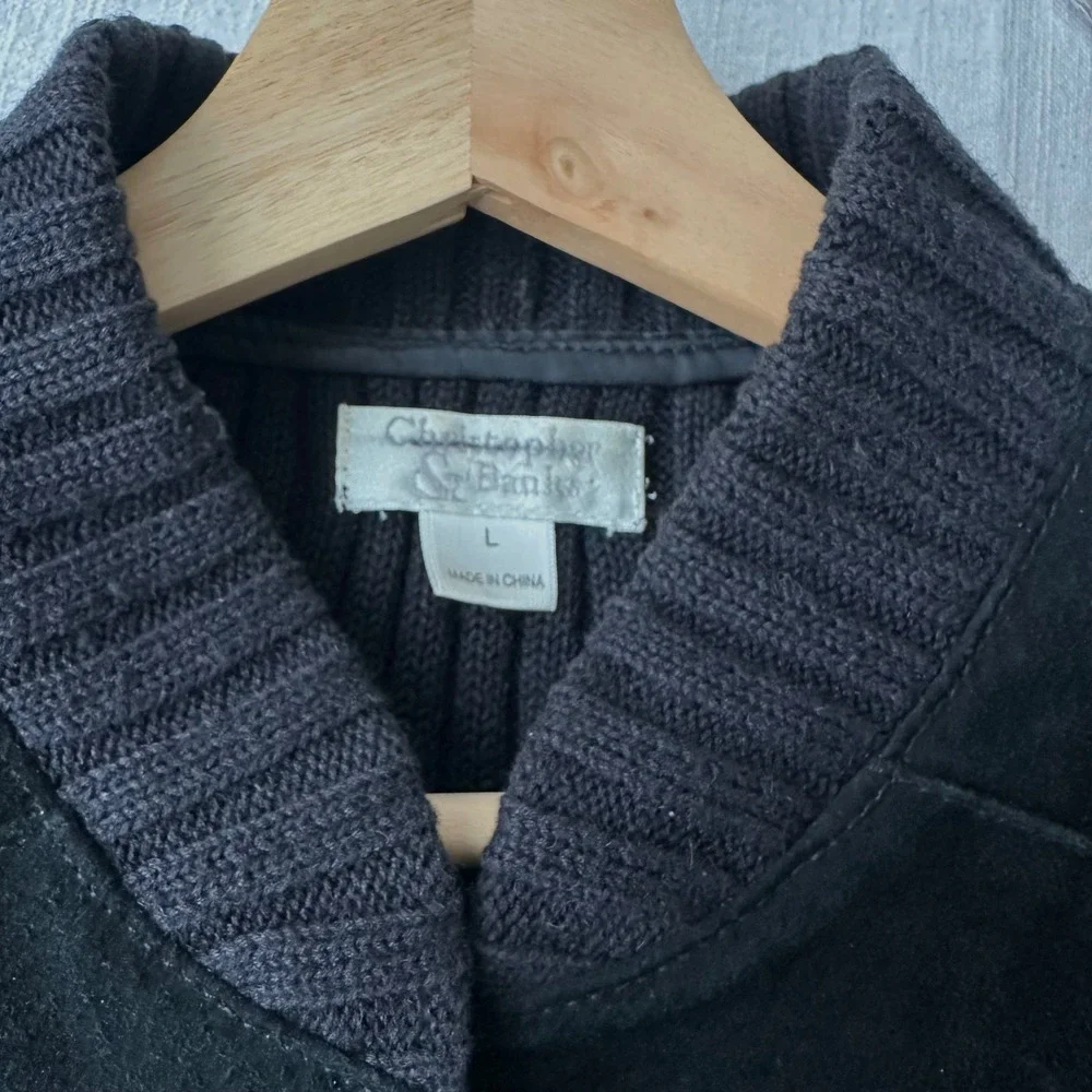 Christopher & Banks Black Suede Leather‎ Ribbed Knit Back Snap Front Vest Large